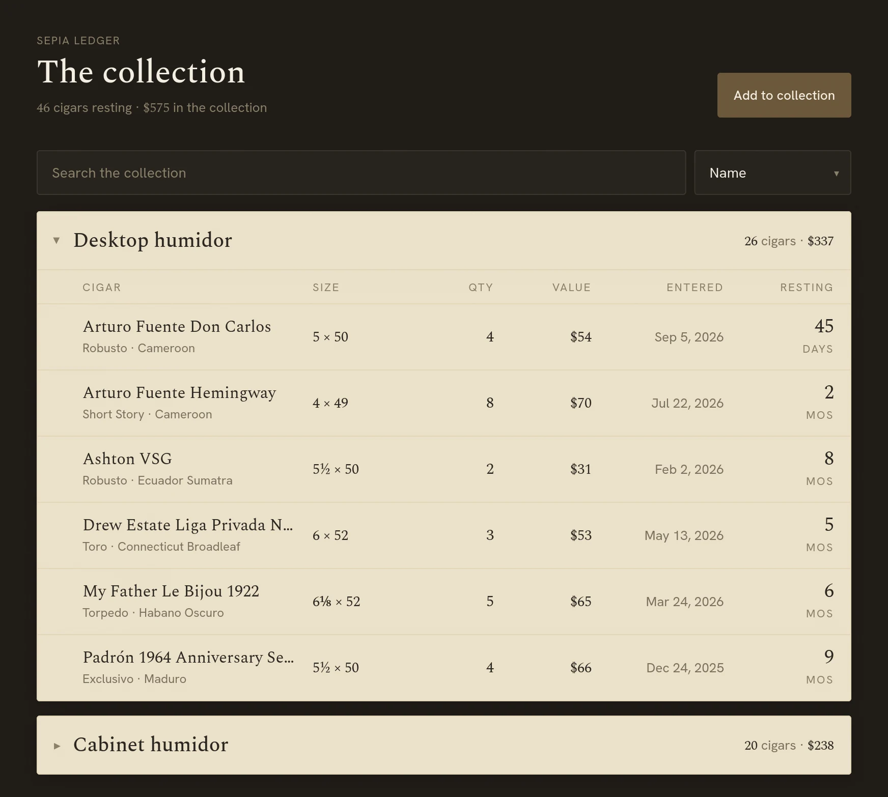The collection: a humidor’s cigars with size, quantity, value, date entered and time resting