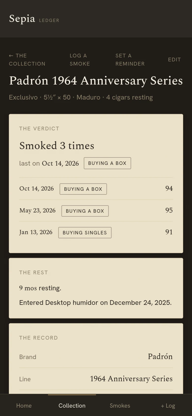 A cigar’s page on a phone: smoked three times with each verdict