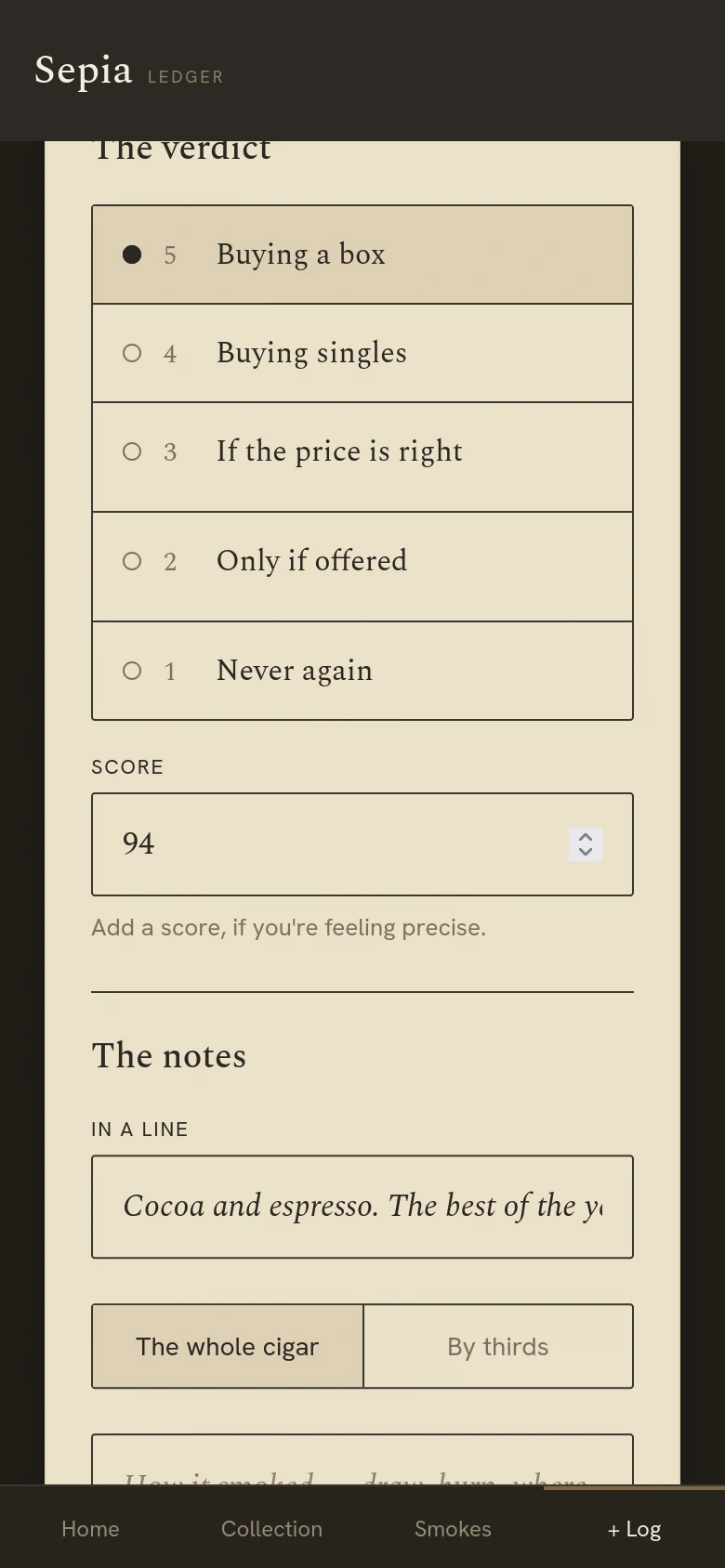 Logging a smoke on a phone: the verdict ladder and the score