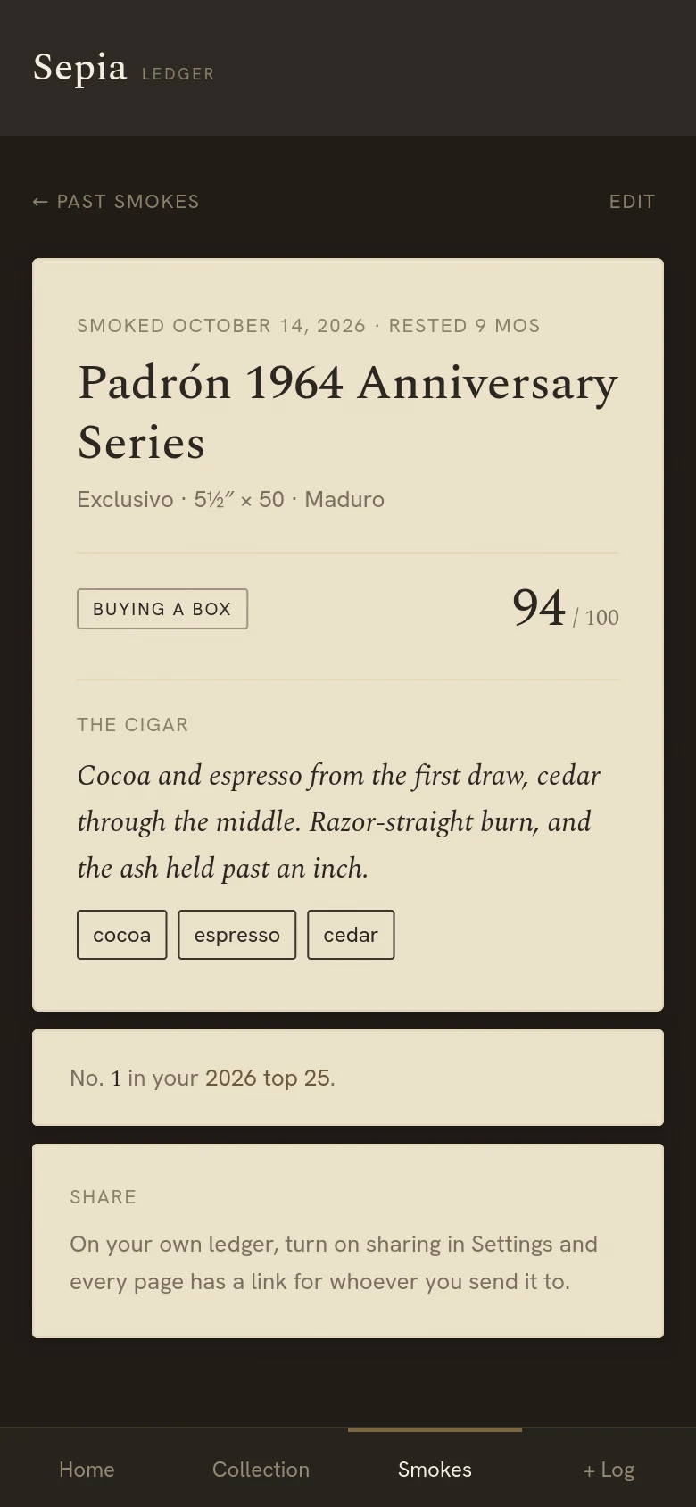 A smoke’s page on a phone: the verdict, a score of 94 and the tasting notes